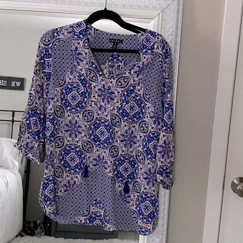 Tribal boho blouse peasant top blues pink medium